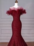Sparkly Mermaid Burgundy Sequin Long Prom Dress Party Dresses HZ1022