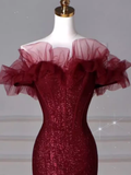 Sparkly Mermaid Burgundy Sequin Long Prom Dress Party Dresses HZ1022
