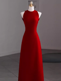 Simple A Line Red Floor Length Open Back Prom Dress HZ1022