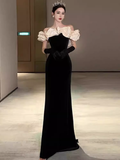 Sexy Mermaid Off The Shoulder Black Velvet Floor Length Prom Dress HZ1022