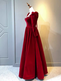 A Line Long Sleeves Red Velvet Prom Dresses HZ1022