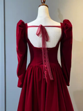 A Line Long Sleeves Red Velvet Prom Dresses HZ1022