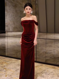 Sheath Strapless Red Velvet Prom Dresses Evening Dress HZ1022