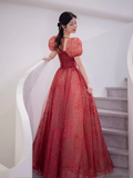 Ball Gown Strapless Burgundy Tulle Prom Dresses Evening Dress HZ1022