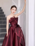 Ball Gown Strapless Burgundy Organza Prom Dresses Evening Dress HZ1022