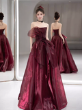 Ball Gown Strapless Burgundy Organza Prom Dresses Long Evening Dress HZ1022