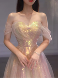 A Line Strapless Sequin Pink Prom Dresses Long Evening Dress HZ1022