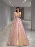A Line Strapless Sequin Pink Prom Dresses Long Evening Dress HZ1022
