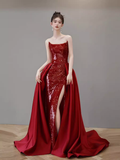 Mermaid Strapless Sequin Red Prom Dresses Long Evening Dress HZ1022