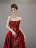 Mermaid Strapless Sequin Red Prom Dresses Long Evening Dress HZ1022
