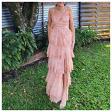 Sexy Sheath Lace Pink Prom Dress Ruffles Party Dresses HZ1022