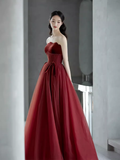 A line Burgundy Strapless Prom Dresses Evening Dress HZ1022
