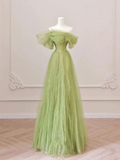 A Line Off the Shoulder Green Tulle Long Prom Dresses HZ1022
