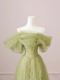 A Line Off the Shoulder Green Tulle Long Prom Dresses HZ1022