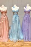 One Shoulder Pink/Blue/Purple Lace Floral Long Prom Dresses HZ1022