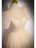 Pretty A line V Neckline Short Sleeves Long Evening Party Dress Prom Dresses HZ1022