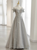 Pretty A line Off The Shoulder Sequin Long Evening Party Dress Prom Dresses HZ1022