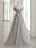 Pretty A line Off The Shoulder Sequin Long Evening Party Dress Prom Dresses HZ1022