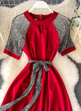 Unique A line round neck splicing short sleeve dress fashion dress HZ1022