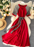 Unique A line round neck splicing short sleeve dress fashion dress HZ1022