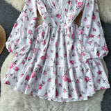 White V-neck Floral Long Sleeve Dress HZ1022