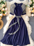 Unique A line round neck splicing short sleeve dress fashion dress HZ1022